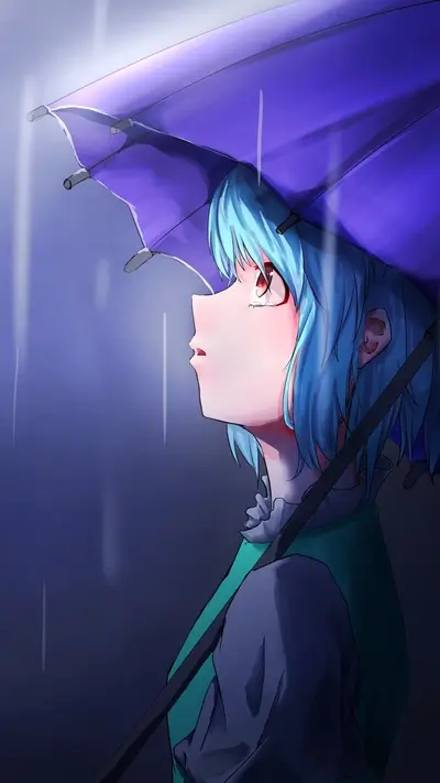 Girl under purple umbrella in rain