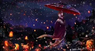 Girl under red umbrella in snowy night with lanterns