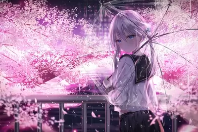 Girl under umbrella in raining cherry blossom