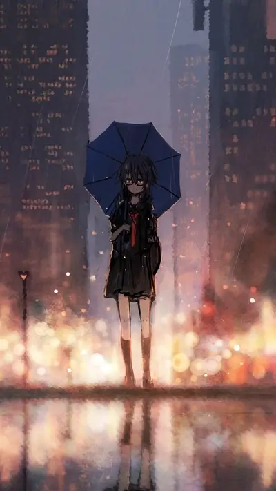 Girl under umbrella in rainy city at night