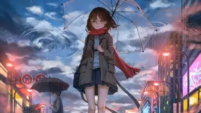 Girl under umbrella in rainy city