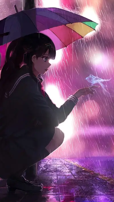 Girl under umbrella in rainy night