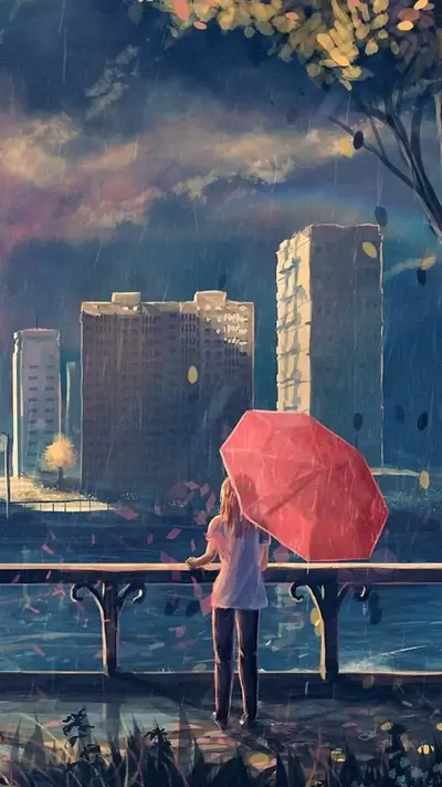 Girl under umbrella looking at cityscape