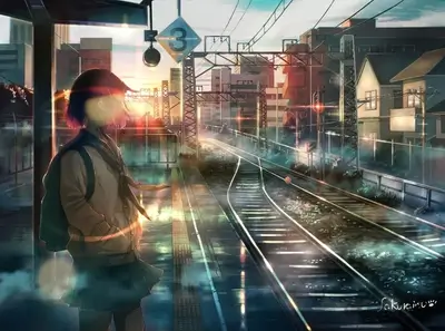 Girl waiting at a train station during sunset