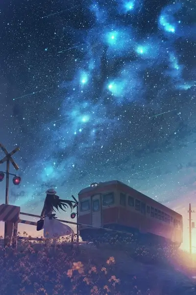 Girl waits by train tracks under a starry night
