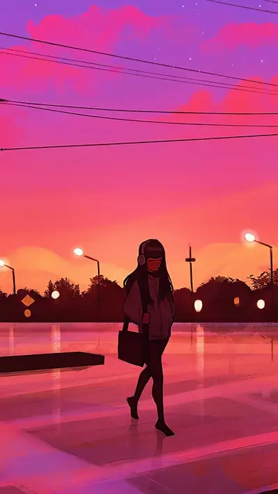 Girl walking at sunset