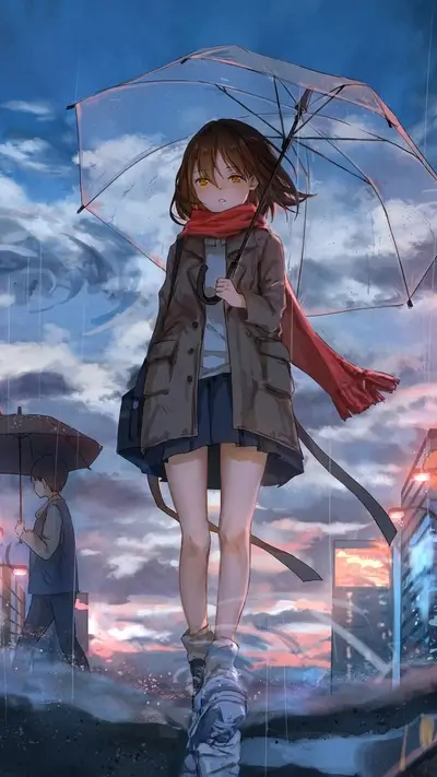 Girl walking in rain with umbrella