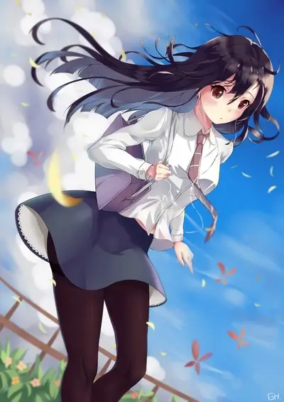 Girl walking in the wind, carrying a bag