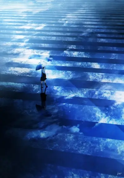 Girl walking on a blue-toned staircase under an umbrella