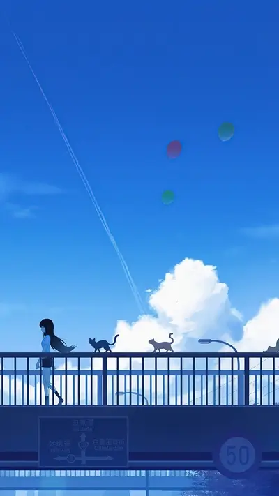 Girl walking on a bridge, cats following, blue sky