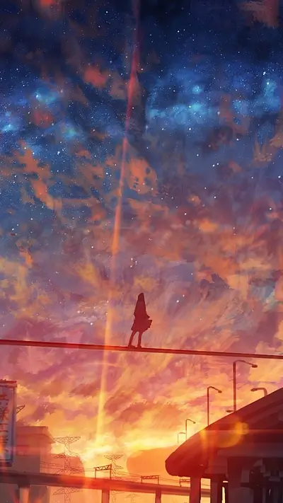 Girl walking on a bridge under a starry sky