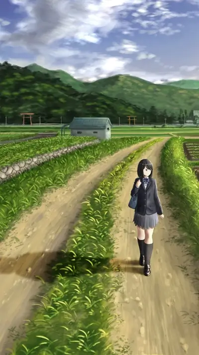 Girl walking on a dirt road in the countryside