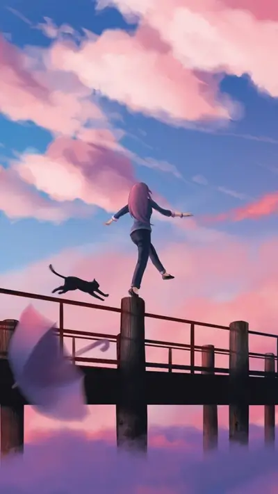 Girl walking on a pier, cat following, umbrella flying