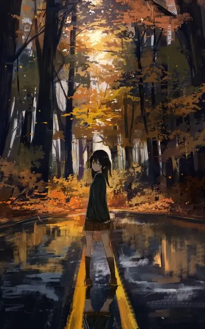 Girl walking on a wet road in autumn forest