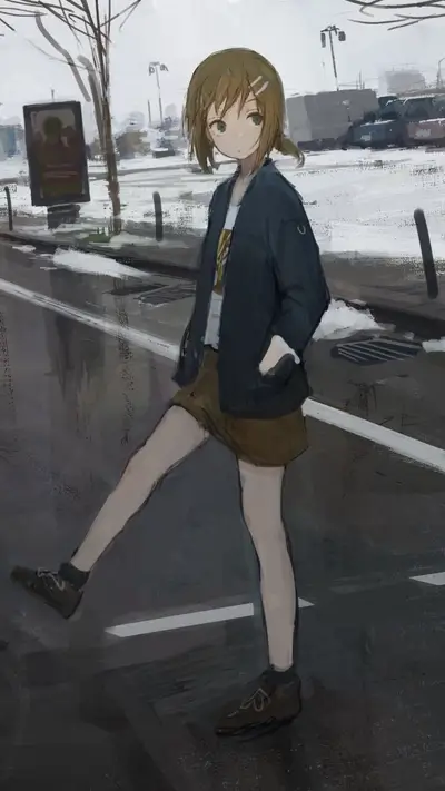 Girl walking on a wet street in winter