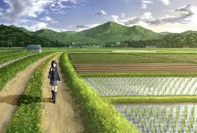 Girl walking on dirt path, surrounded by flooded rice paddies, with mountains in the background
