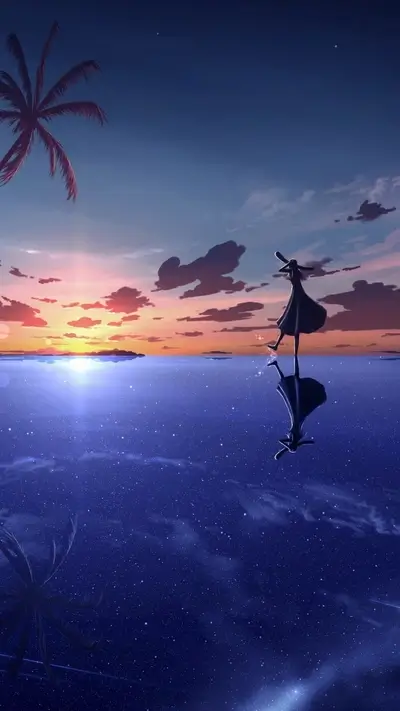 Girl walking on the water at sunset