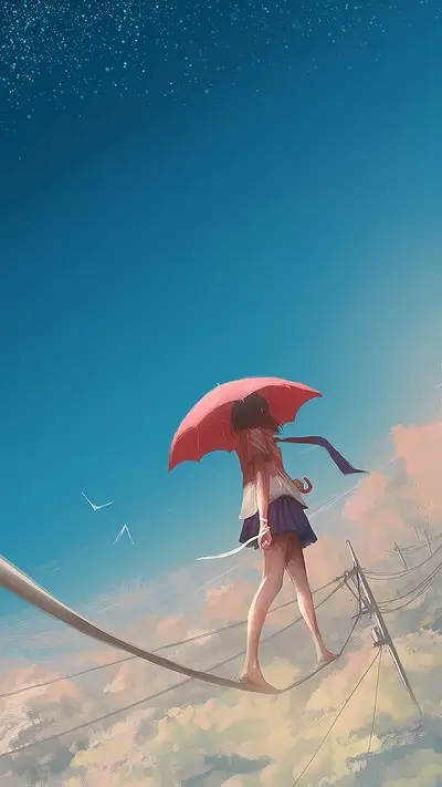 Girl walking tightrope in the sky