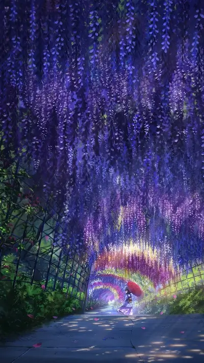 Girl walking under a wisteria tunnel