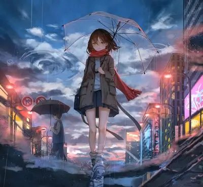 Girl walking under an umbrella in rainy city
