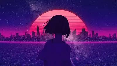 Girl watching a futuristic city sunset