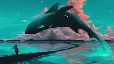 Girl watching a whale soar through the sky