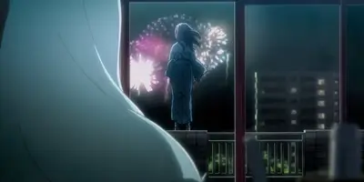 Girl watching fireworks from balcony at night