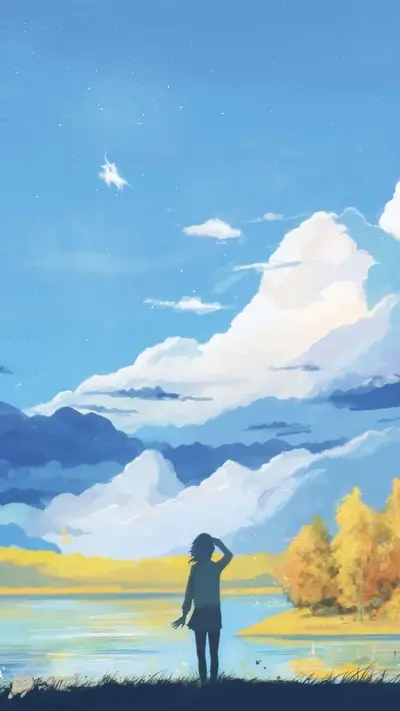 Girl watching over a calm lake, mountains and autumn trees