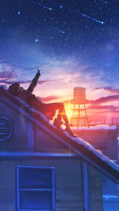 Girl watching shooting stars on rooftop at sunset