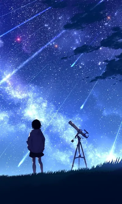 Girl watching shooting stars with a telescope