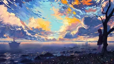 Girl watching sunset over calm water