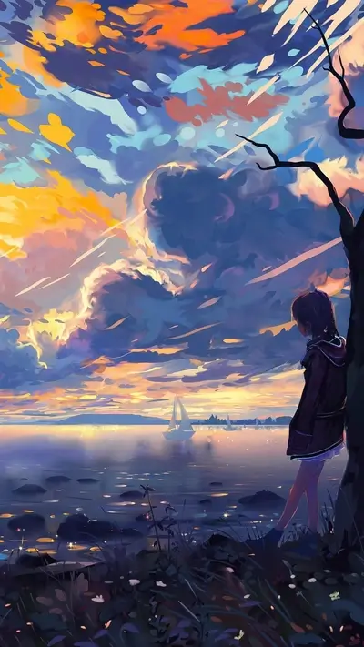 Girl watching sunset over lake