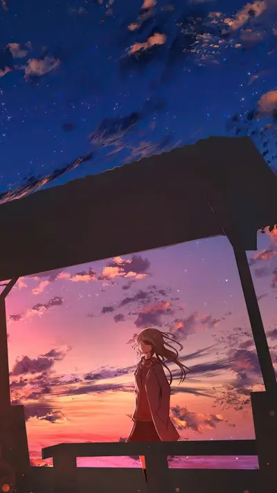 Girl watching sunset under a structure