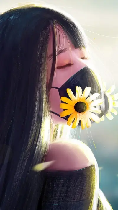 Girl wearing a mask, sunflowers