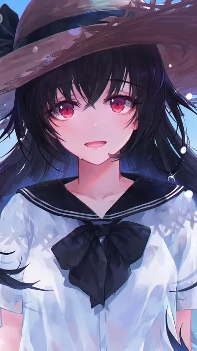 Girl wearing a sailor uniform and a straw hat, with a gentle smile on her face.
