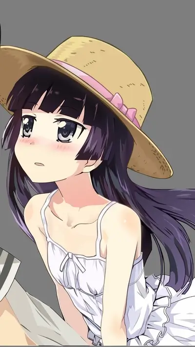 Girl wearing a sun hat with pink ribbon, summer dress