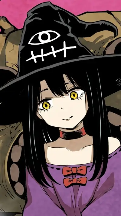 Girl wearing a witch hat with a unique symbol