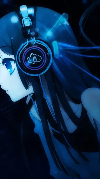 Girl wearing headphones with blue light effects