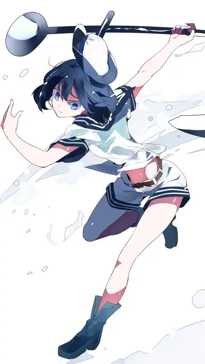 Girl wielding a large spoon as a weapon