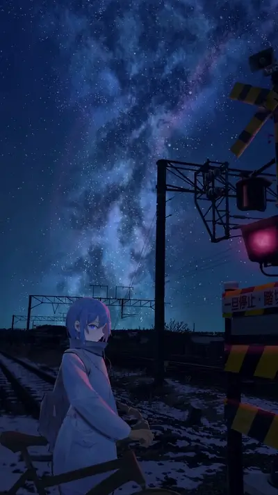 Girl with a bicycle under the starry night sky