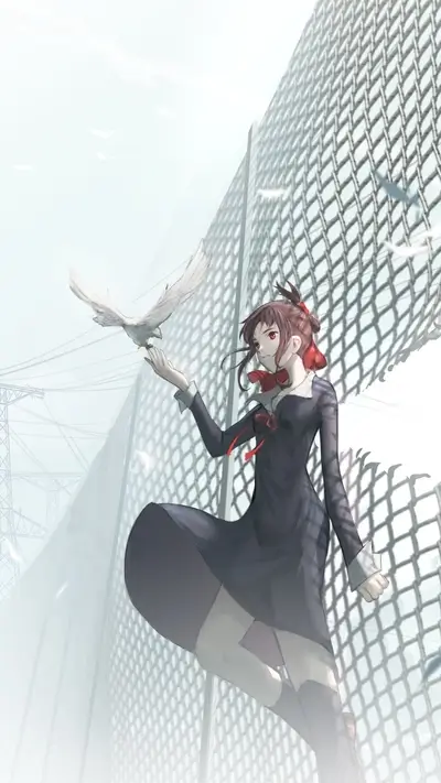 Girl with a bird near a fence