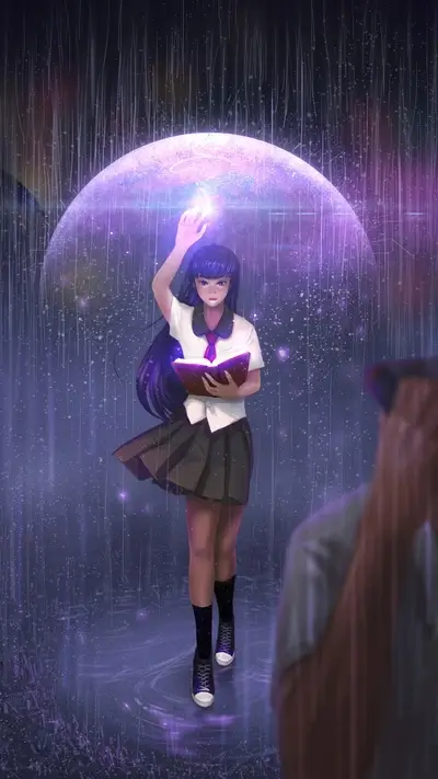 Girl with a book protected by a magical dome in the rain
