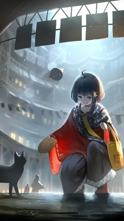 Girl with a cat and bread in a mystical city