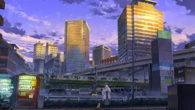 Girl with a cat in a city at twilight