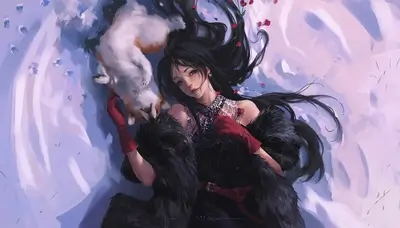 Girl with a dog in the snow