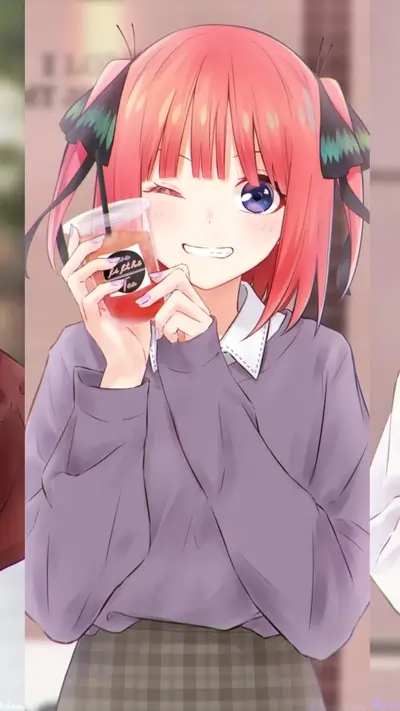 Girl with a drink, wearing a purple sweater and plaid skirt