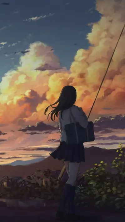 Girl with a fishing rod at sunset