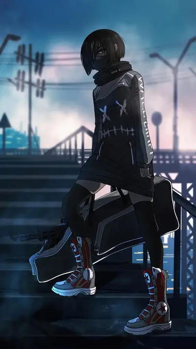 Girl with a gun and bag in a city