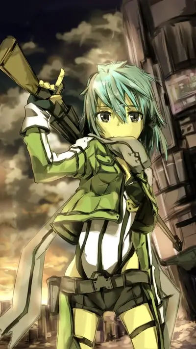 Girl with a gun in a city