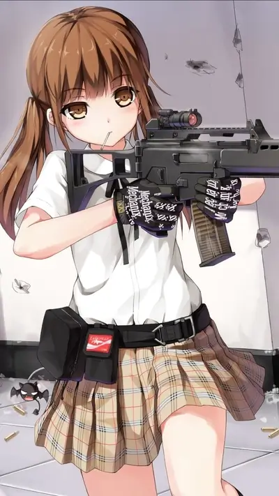 Girl with a gun in a ruined building